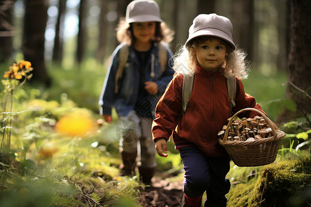 森林采蘑菇的两个孩子背景图片