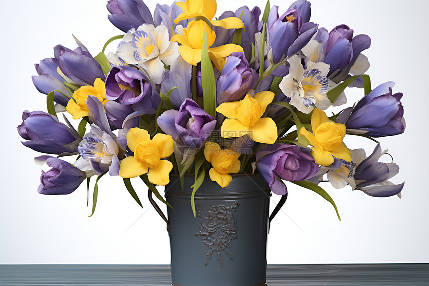 紫黄两色花的花瓶摆在桌子上图片
