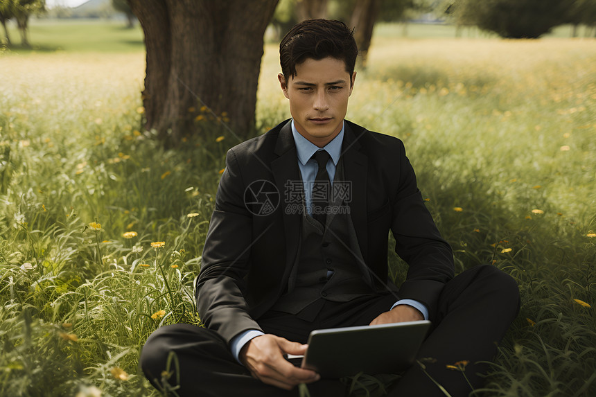 男人坐在草地上图片