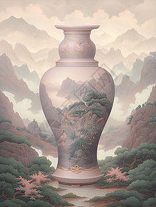 森林间的山水陶瓷花瓶背景图片