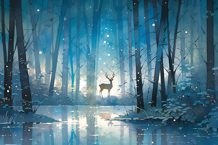 水晶球中鹿星夜森林中的鹿插画