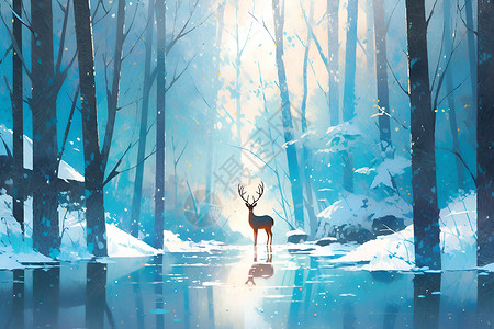 冬天麋鹿冬日森林中的麋鹿插画