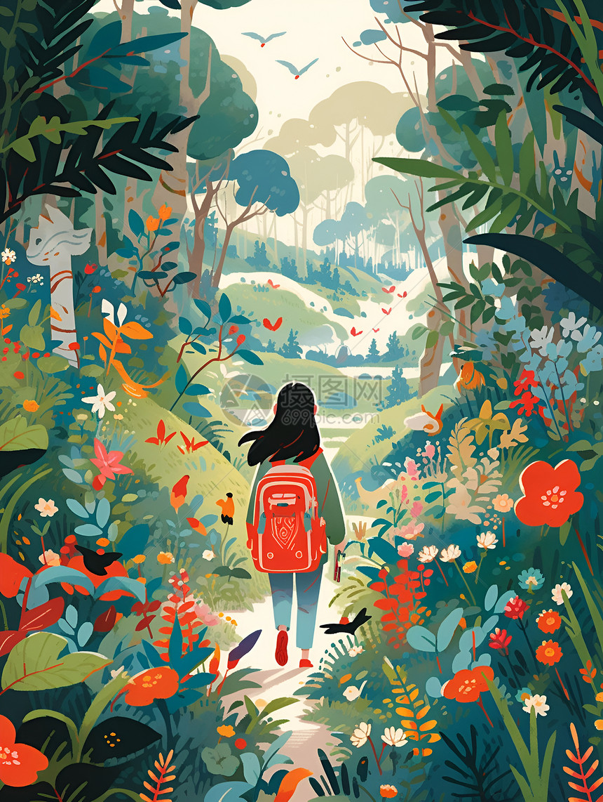 森林漫步的女孩与自然图片