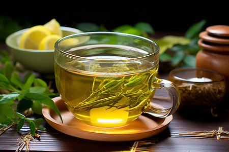 清新茶叶清新的绿茶和柠檬背景