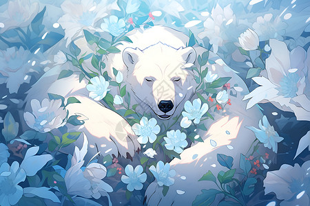 可爱的北极熊和花朵背景图片