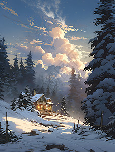 冰雪中的森林小屋背景图片
