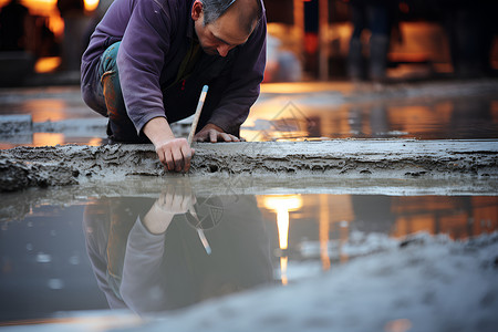 水泥工人建筑工人在测量混凝土背景