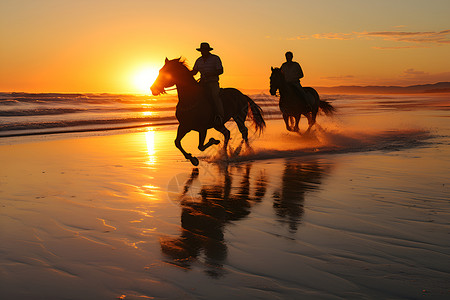 日出海滩上骑马的人背景图片