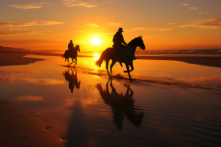 日落海滩上两人骑马背景图片