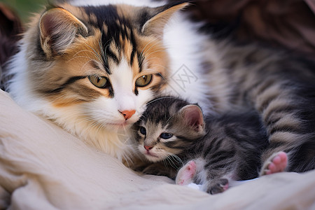 趴着睡觉小猫温馨的母子相伴背景