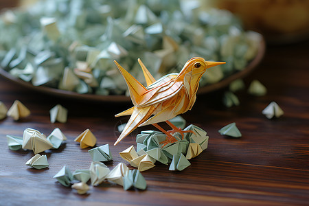 折叠鸟千纸鹤桌面上的手工纸鸟背景