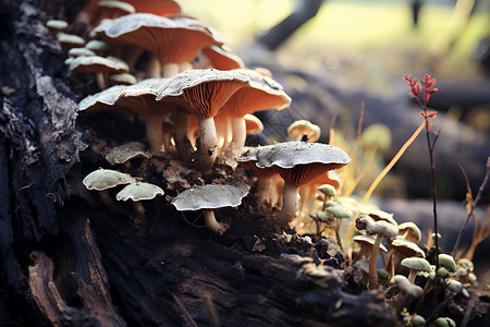 木头上生长的蘑菇高清图片