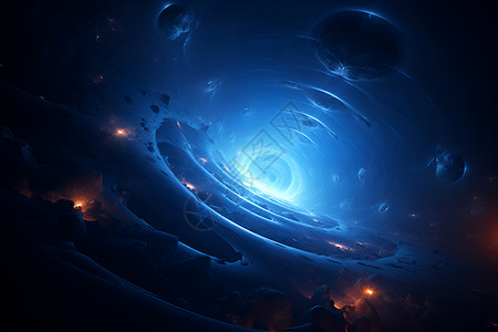 蓝色清新光圈宇宙的蓝色星系插画