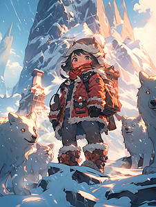 冰雪山脉前探险的男孩背景图片