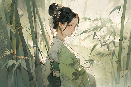 竹林中的美丽女子背景图片