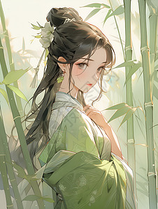 竹林中的女孩背景图片