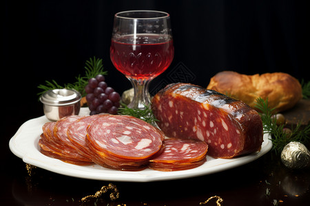 桌面上的熏肉和红酒背景图片
