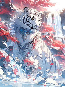 雪之瀑布白虎穿越雪山峡谷插画