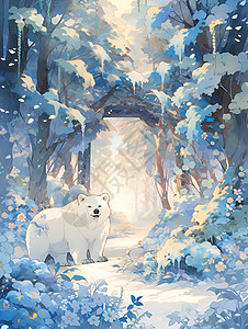 魔幻深林白熊和冰花插画