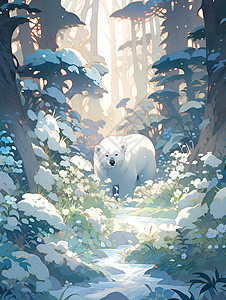 白熊漫步冰雪森林高清图片