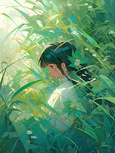 草丛里的小女孩背景图片