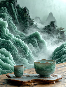 山水茶杯背景图片