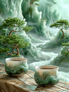 茶杯与山水画背景图片