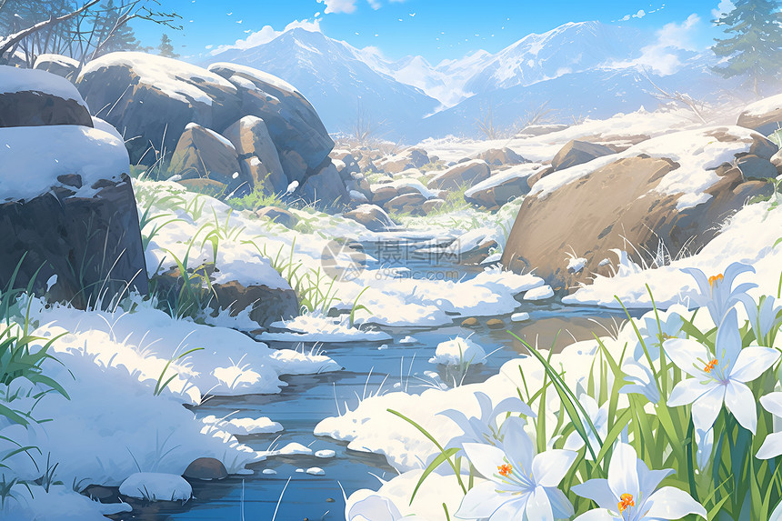 雪山中绽放的百合花花朵图片