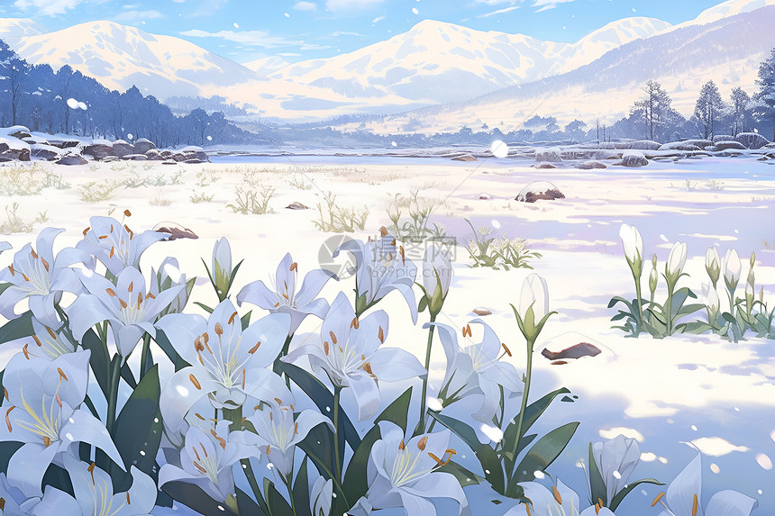 冬季雪山中绽放的百合花花朵图片
