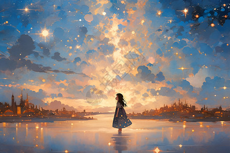梦幻星空下的二次元少女背景图片