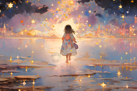 梦幻星空下的小女孩艺术插图背景图片
