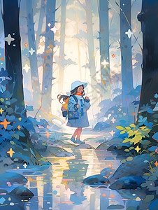 梦幻森林中嬉戏的小女孩背景图片