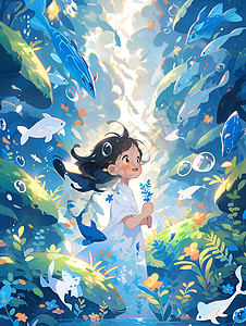快乐森林漫游的小女孩背景图片