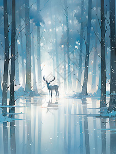 白雪丛林中的麋鹿背景图片