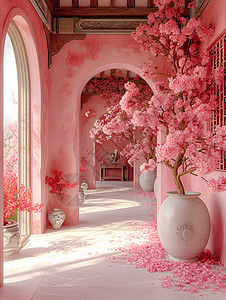 粉色浪漫的中式建筑背景图片