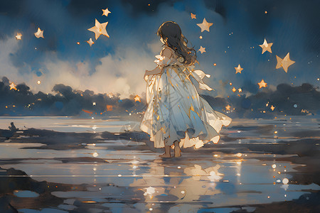 星空漫步的小女孩背景图片