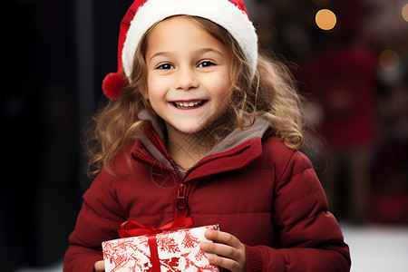 一个戴着圣诞帽的小女孩拿着礼物背景图片