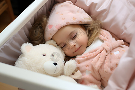 拿着小熊女孩婴儿床上的玩偶和小女孩背景