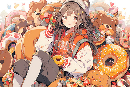 女孩坐在一堆甜甜圈上背景图片