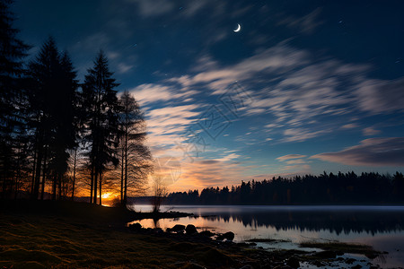 月光下守望月光下的湖畔暮色背景