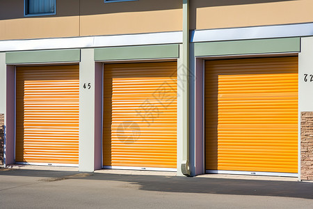 车库入口建筑物前排列着一排橙色的卷帘门背景