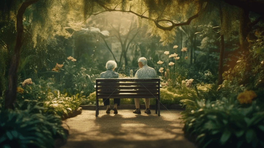 老年夫妇坐在植物园的长椅上图片