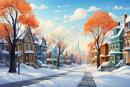 美国小镇冬日绘美国风景插画