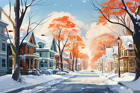 冬季漫画素材冬日城市风景画插画