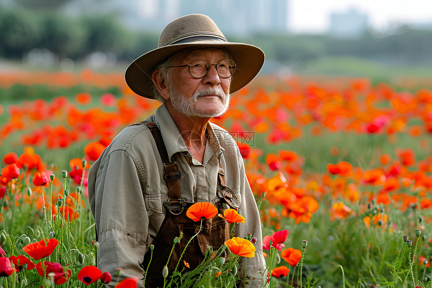 花田中的老年男性图片