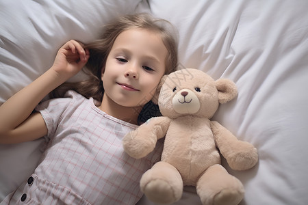 拿小熊小女孩躺在床上的小女孩背景