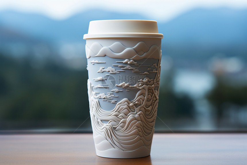 咖啡杯上的山水画图片