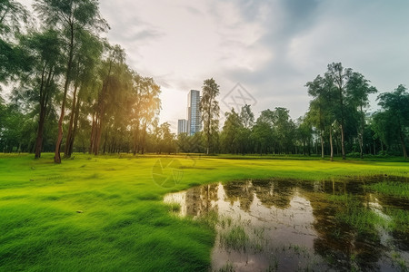 绿色草地中的水坑背景图片
