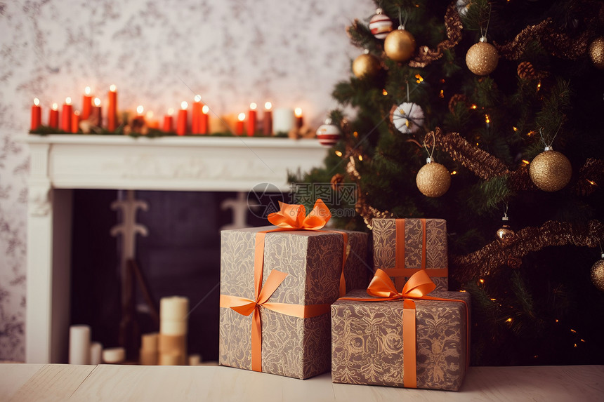 室内的礼盒和圣诞树图片