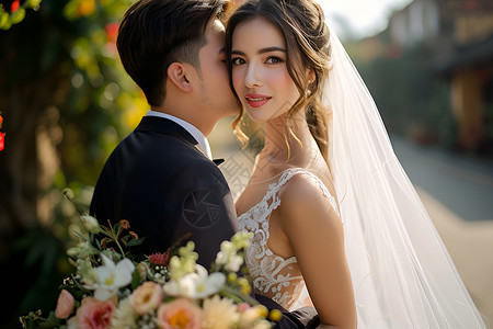 婚礼上新郎亲吻新娘背景图片
